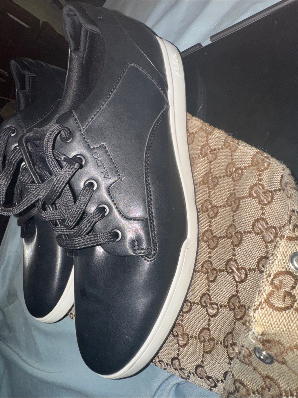 ALDO Black Low-Top Lace-Up Leather Sneakers with White Soles NEW!